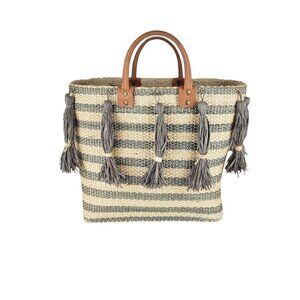 Mar Y Sol Sahara Tote Bag Straw Tassel Striped Large Leather Handle Handbag